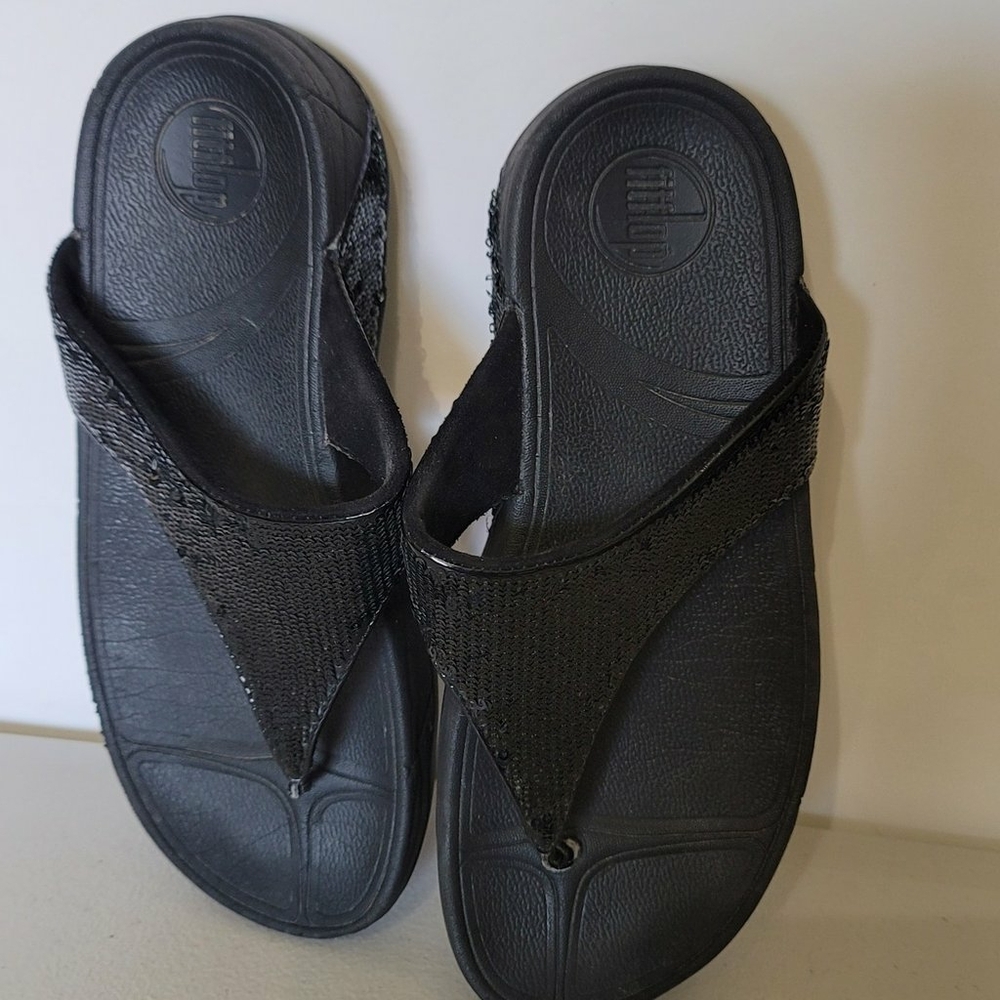 FitFlop Electra Black Sequin Thong Toning Sandals 034-001 Womens US 7 - Picture 7 of 12